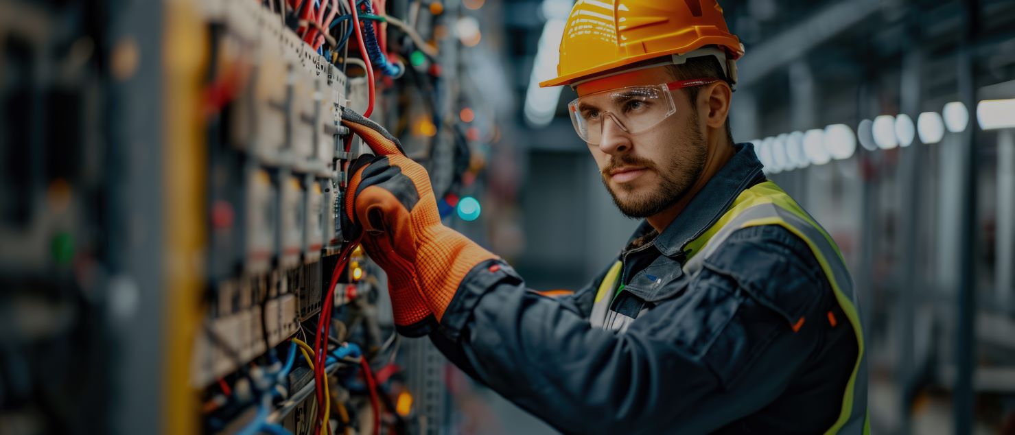 Electrical contractor working on a commercial electrical panel