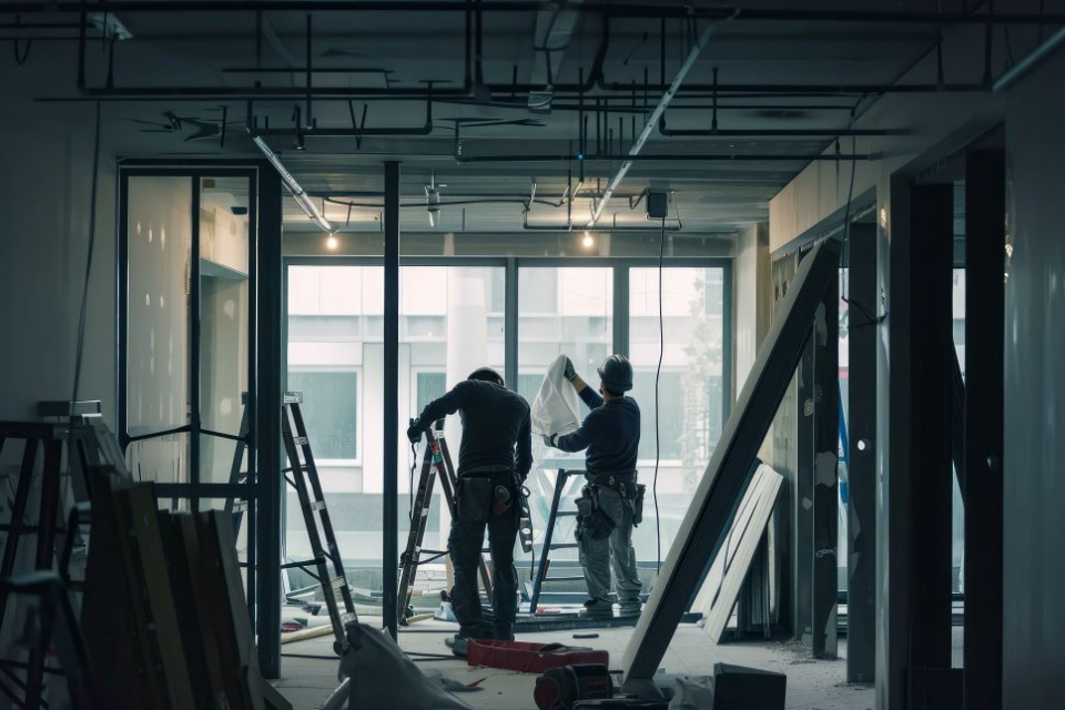 Two construction workers working in a new building