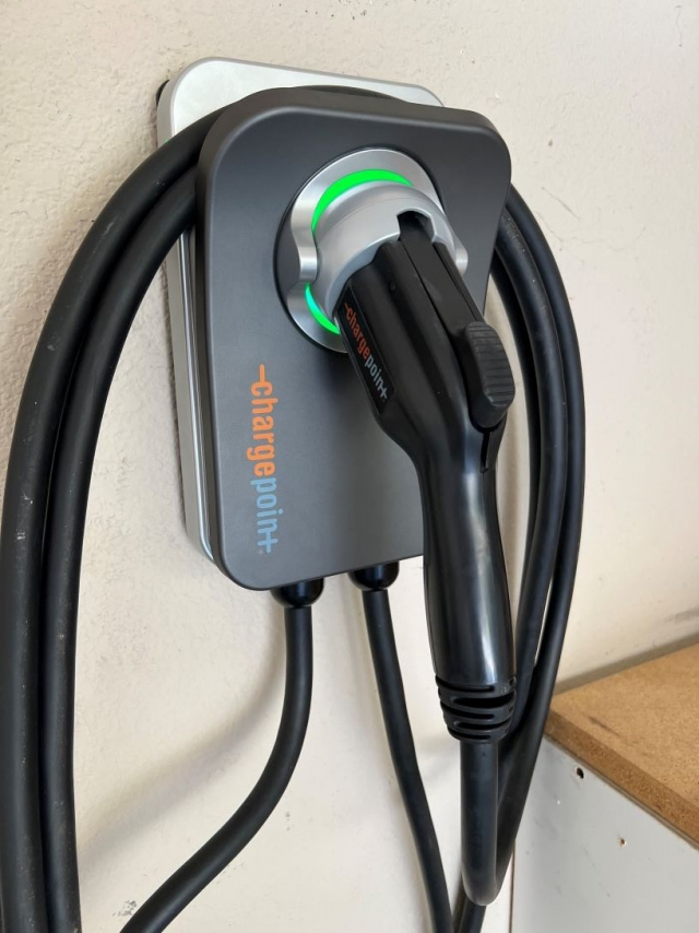 Angled view of a Chargepoint EV Charger installed in a residential house